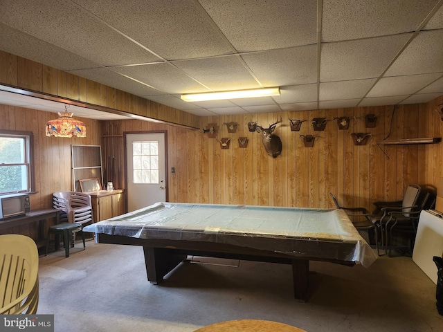 recreation room featuring wood walls and pool table