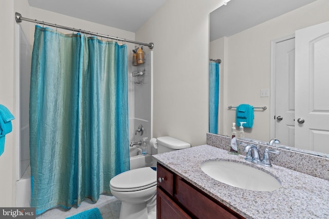 full bath featuring toilet, shower / bath combination with curtain, and vanity