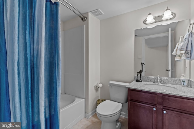 bathroom with visible vents, toilet, tile patterned floors, shower / bath combo with shower curtain, and vanity