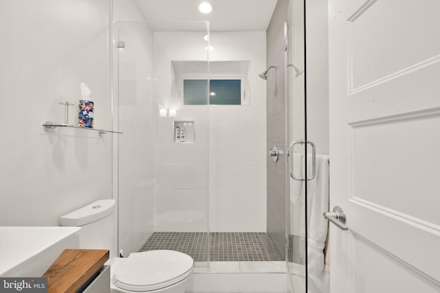 full bathroom featuring a stall shower, vanity, and toilet