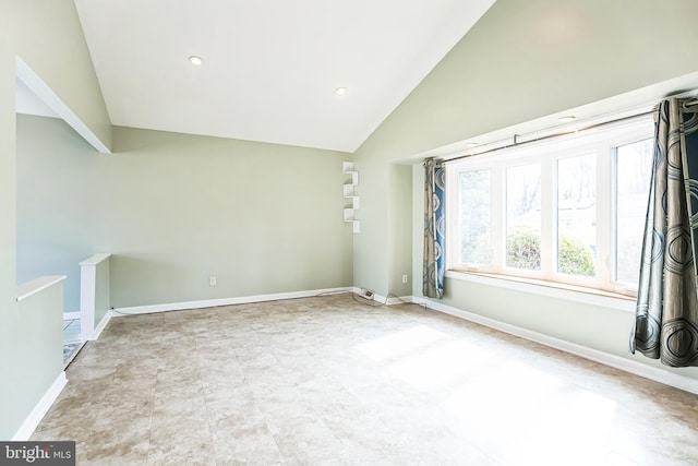 unfurnished room featuring high vaulted ceiling, recessed lighting, and baseboards