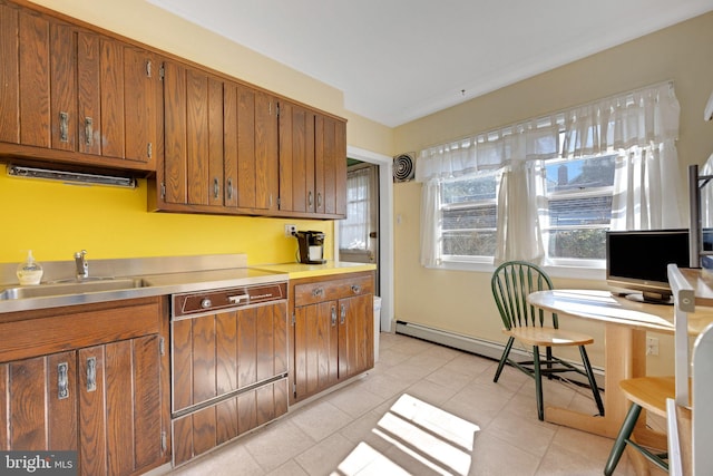 kitchen featuring dishwasher, light countertops, brown cabinetry, and a sink