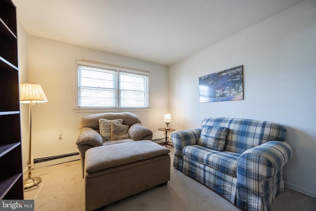 carpeted living area featuring a baseboard radiator