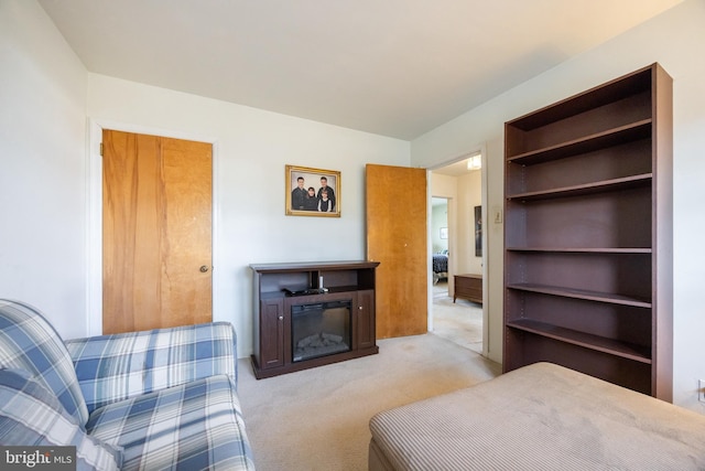 carpeted bedroom with a glass covered fireplace