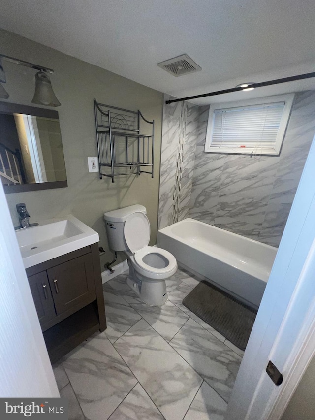 full bathroom with toilet, visible vents, vanity, marble finish floor, and shower / bathing tub combination