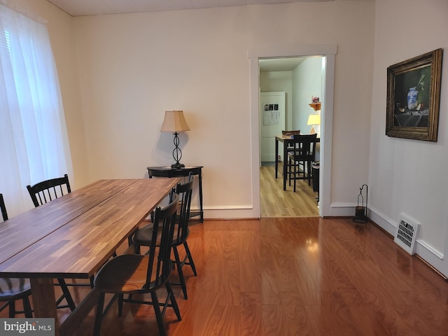 dining room featuring visible vents, baseboards, and wood finished floors