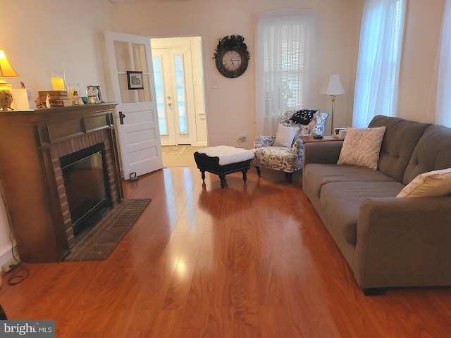 living room featuring a fireplace and wood finished floors