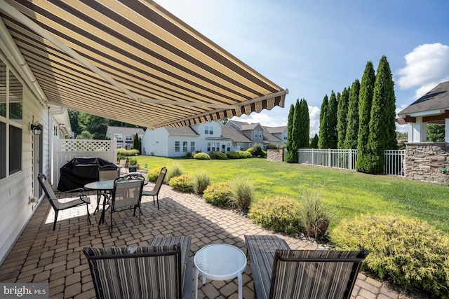 view of patio / terrace with a fenced backyard, area for grilling, and outdoor dining space