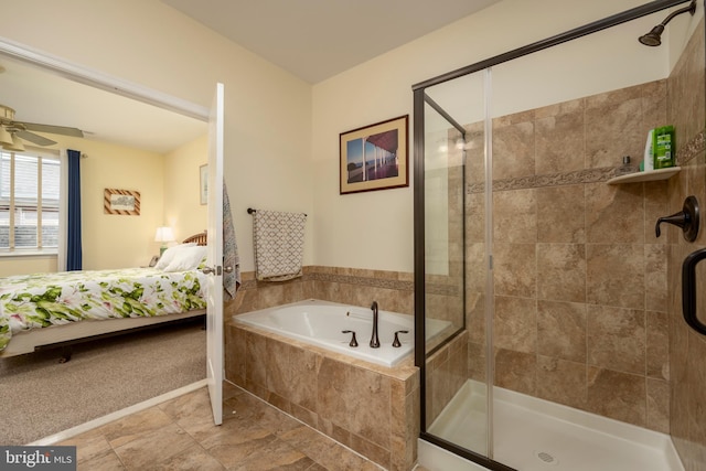 ensuite bathroom featuring a bath, a stall shower, a ceiling fan, and connected bathroom