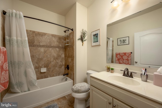 full bathroom featuring toilet, shower / bathtub combination with curtain, and vanity