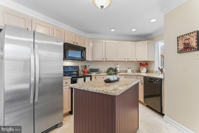 kitchen featuring a center island, crown molding, light tile patterned floors, cream cabinets, and black appliances