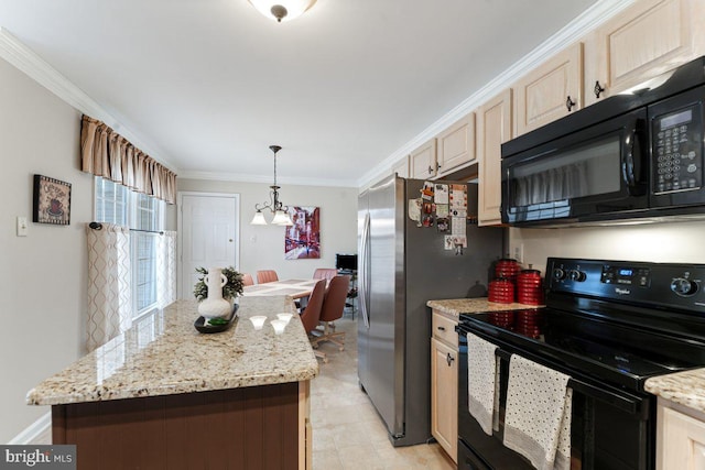 kitchen featuring ornamental molding, light stone counters, a center island, black appliances, and pendant lighting