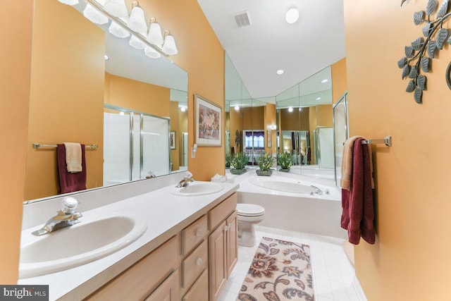 full bath featuring a garden tub, visible vents, a sink, and a stall shower