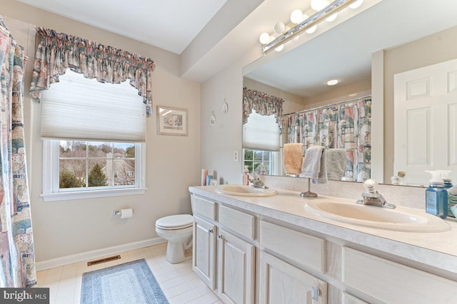 full bathroom featuring visible vents, a sink, toilet, and double vanity