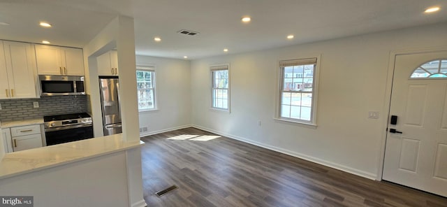 kitchen featuring white cabinets, decorative backsplash, light stone counters, dark wood-style flooring, and stainless steel appliances