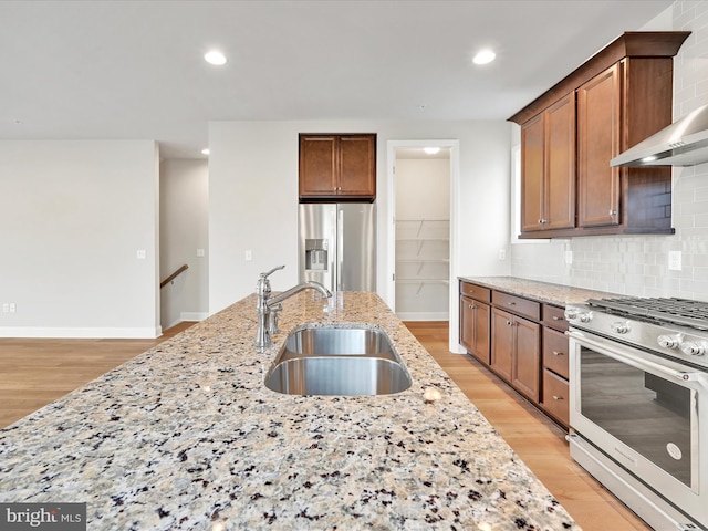 kitchen with light wood finished floors, tasteful backsplash, stainless steel appliances, a sink, and recessed lighting