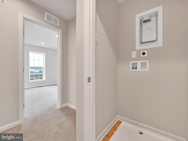 washroom with washer hookup, visible vents, hookup for an electric dryer, carpet flooring, and baseboards