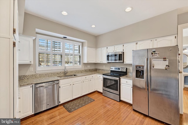 kitchen featuring white cabinetry, appliances with stainless steel finishes, light stone counters, and a sink