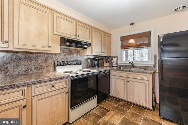 kitchen featuring light brown cabinets, visible vents, a sink, black appliances, and under cabinet range hood