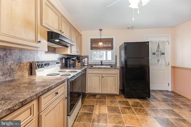 kitchen with white range with electric cooktop, freestanding refrigerator, a sink, decorative backsplash, and under cabinet range hood