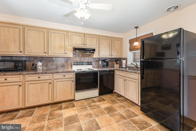 kitchen featuring visible vents, light brown cabinets, under cabinet range hood, black appliances, and a sink