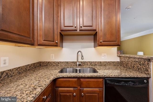 kitchen with a sink, stone counters, ornamental molding, and dishwasher