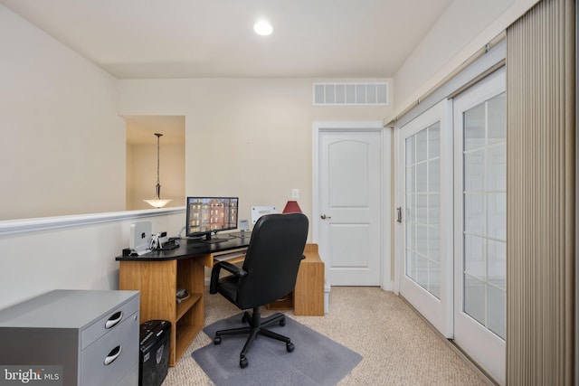 home office with light carpet, recessed lighting, visible vents, and french doors