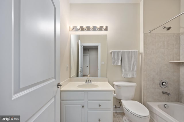 bathroom featuring toilet, vanity, visible vents, and shower / bathtub combination