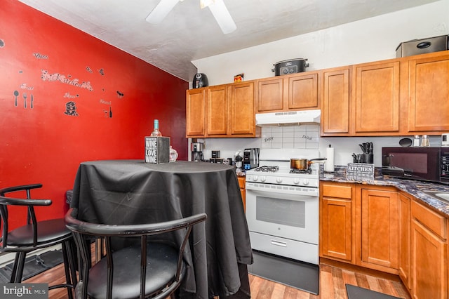 kitchen with black microwave, under cabinet range hood, light wood-type flooring, white range with gas cooktop, and decorative backsplash