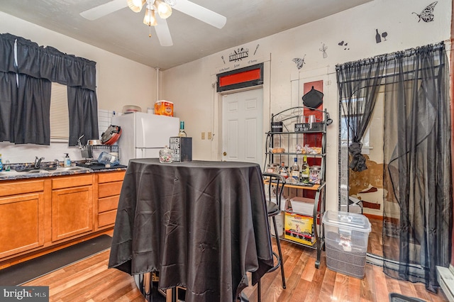 miscellaneous room featuring ceiling fan, light wood-style flooring, and a sink