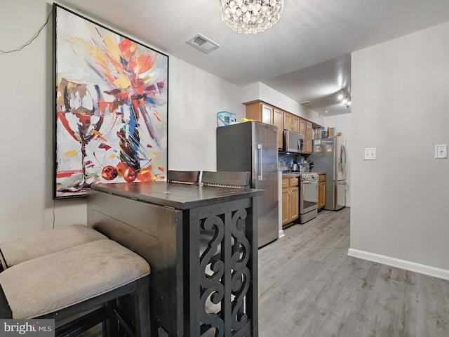 interior space featuring stainless steel appliances, visible vents, decorative backsplash, a chandelier, and light wood-type flooring