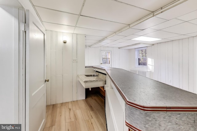 interior space featuring light wood-type flooring, a sink, and a drop ceiling