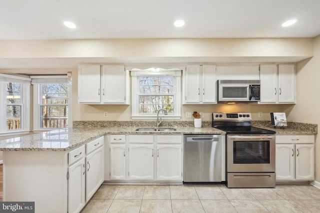 kitchen with white cabinetry, a peninsula, appliances with stainless steel finishes, and a sink