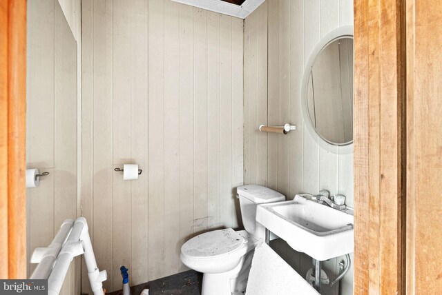 half bath with toilet, wood walls, and a sink