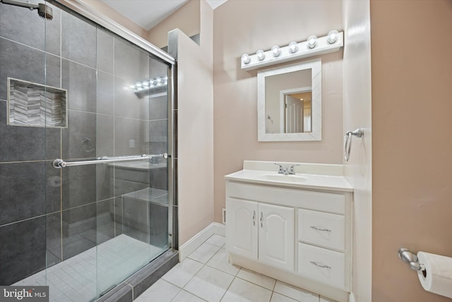 full bathroom with vanity, tile patterned floors, and a stall shower