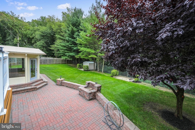 view of patio / terrace with entry steps, a storage unit, an outdoor structure, and a fenced backyard