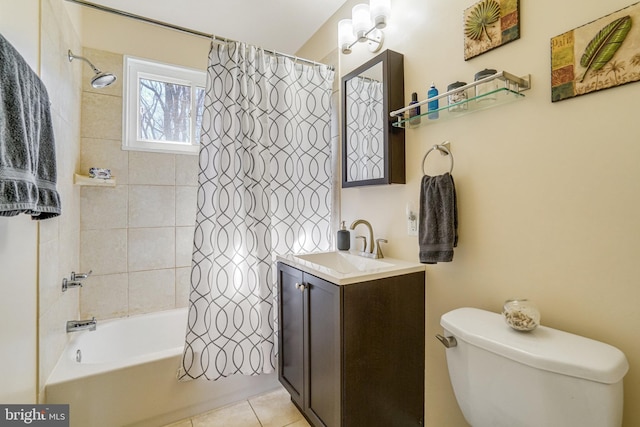 full bathroom featuring toilet, shower / tub combo with curtain, vanity, and tile patterned flooring