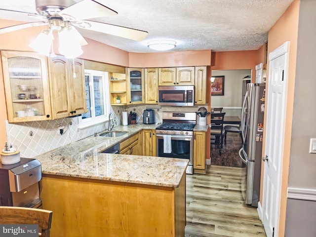 kitchen with a peninsula, light stone countertops, stainless steel appliances, light wood-style floors, and a sink