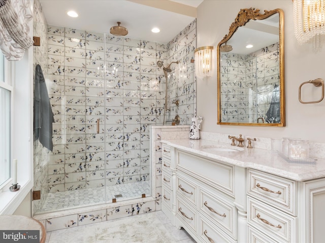 full bath with recessed lighting, a shower stall, and vanity