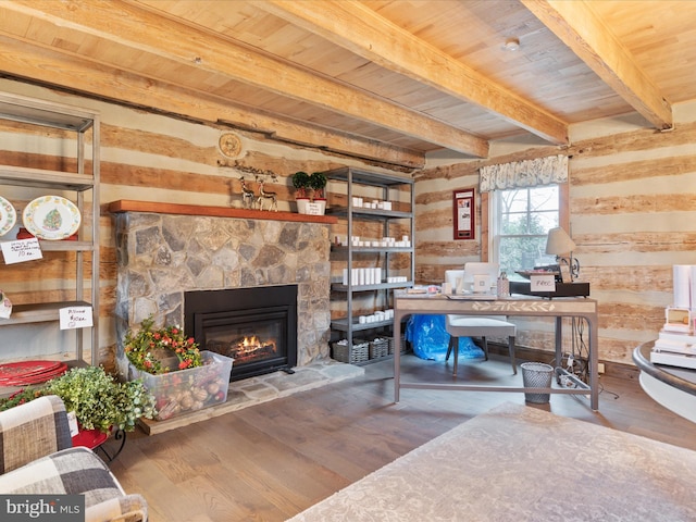 office area with a stone fireplace, wooden walls, wood finished floors, wood ceiling, and beam ceiling