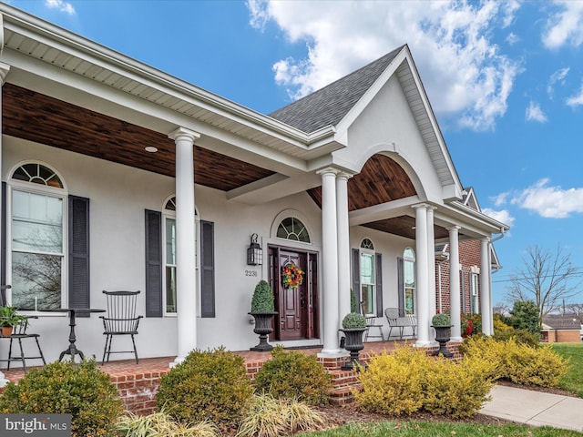 doorway to property with a shingled roof, covered porch, and stucco siding