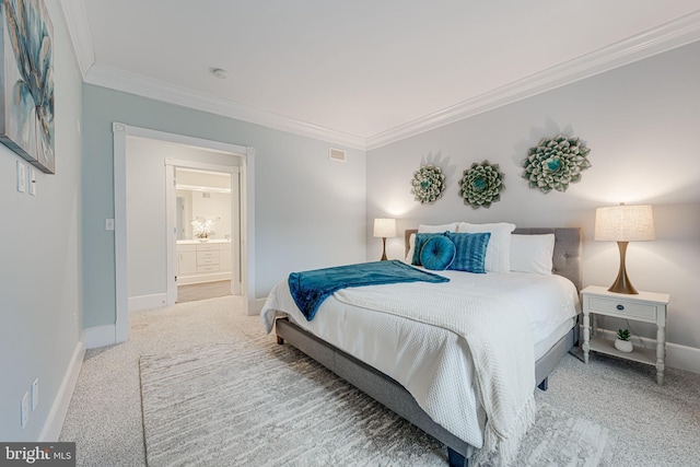 carpeted bedroom featuring visible vents, crown molding, and baseboards