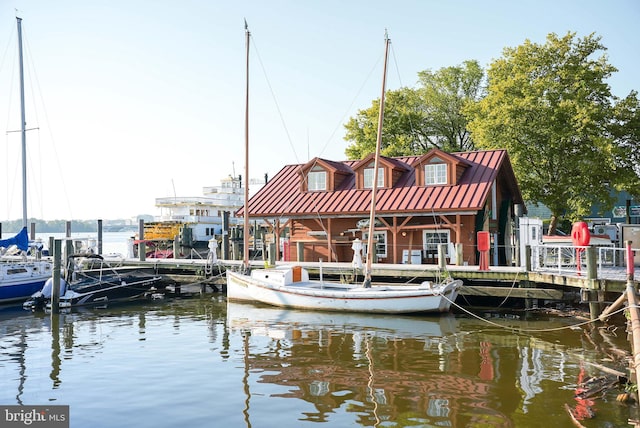 view of dock with a water view