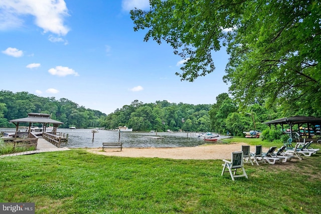 view of yard featuring a water view and a view of trees