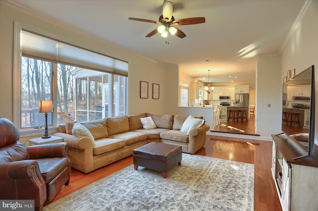 living room with crown molding, ceiling fan, and light wood-style floors