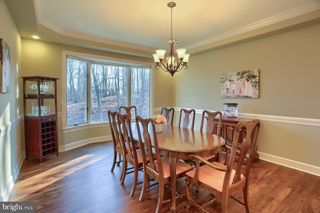 dining room with a wealth of natural light, crown molding, a raised ceiling, and wood finished floors