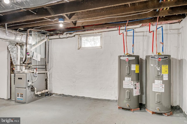 basement featuring electric water heater and heating unit