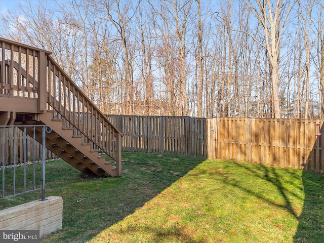 view of yard featuring stairway and a fenced backyard