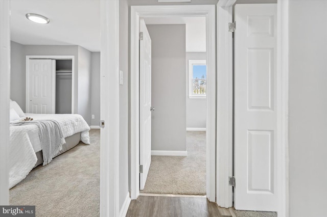 carpeted bedroom with a closet, baseboards, and wood finished floors