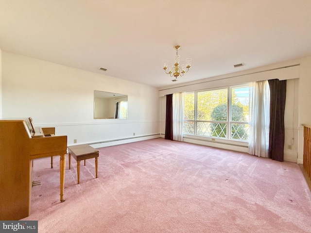 unfurnished room with visible vents, carpet floors, an inviting chandelier, a baseboard radiator, and baseboard heating